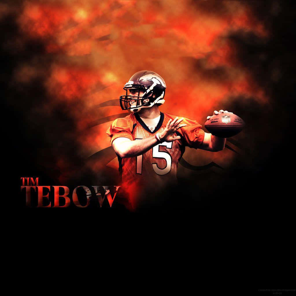 Tim Tebow 桌布 壁紙 — 身穿橙色球衣的足球四分衛Tim Tebow準備在熾熱的橙色和黑色煙霧背景前投球。