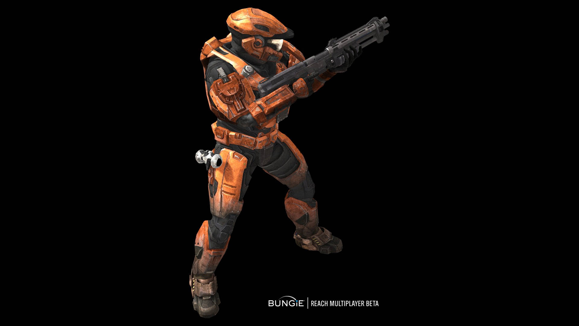 4K halo 桌布 壁紙 — 身穿橙色盔甲的斯巴達戰士在黑色背景上瞄準步槍，帶有 Bungie Reach Multiplayer Beta 浮水印。