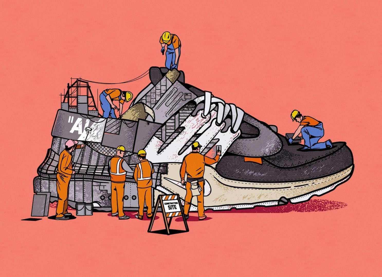 Sneakers 桌布 壁紙 — 身穿橙色裝備的建築工人正在珊瑚粉紅色的背景上建造一個巨大的運動鞋，並帶有「WORK SITE」標誌。