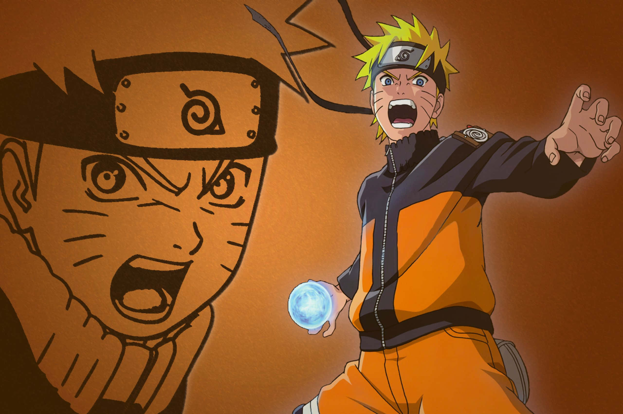 Naruto Anime 桌布 壁紙 — 身穿橙色連身衣的漩渦鳴人，在懷舊色調的自身臉部素描背景下，以兇猛表情釋放藍色查克拉球。