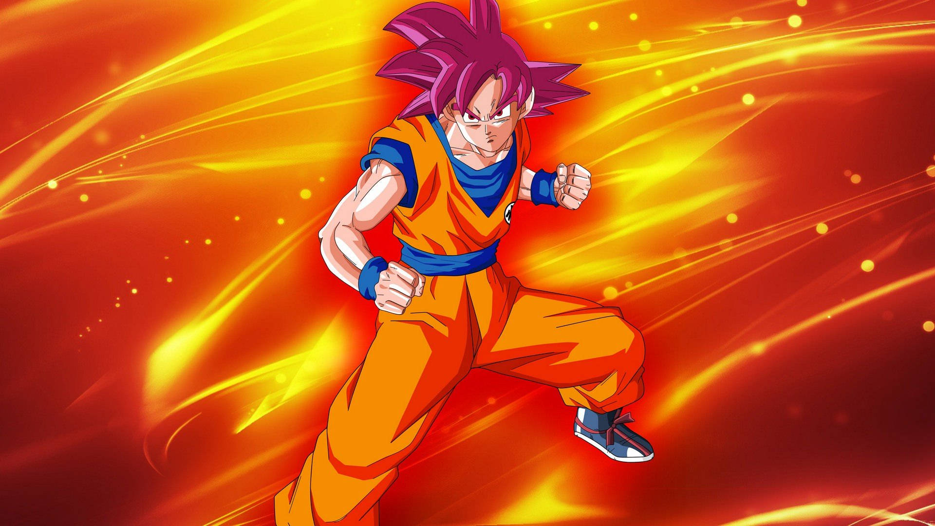 kaioken 桌布 壁紙 — 身穿橙色道服、擁有紫色尖刺頭髮的動漫戰士，衝破熾熱的金色能量流。