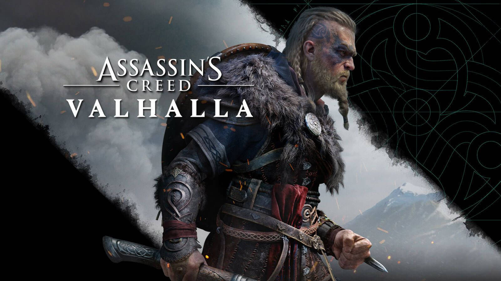 Valhalla 桌布 壁紙 — 身穿毛皮襯裡盔甲的維京戰士在暴風雨的山景背景下握著刀刃，並帶有遊戲標題文字。