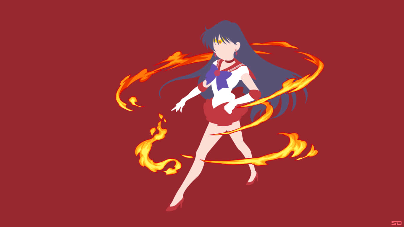 美少女戰士 桌布 壁紙 — 身穿水手服的動漫女孩，被旋轉的橙色火焰包圍，背景為深紅色。