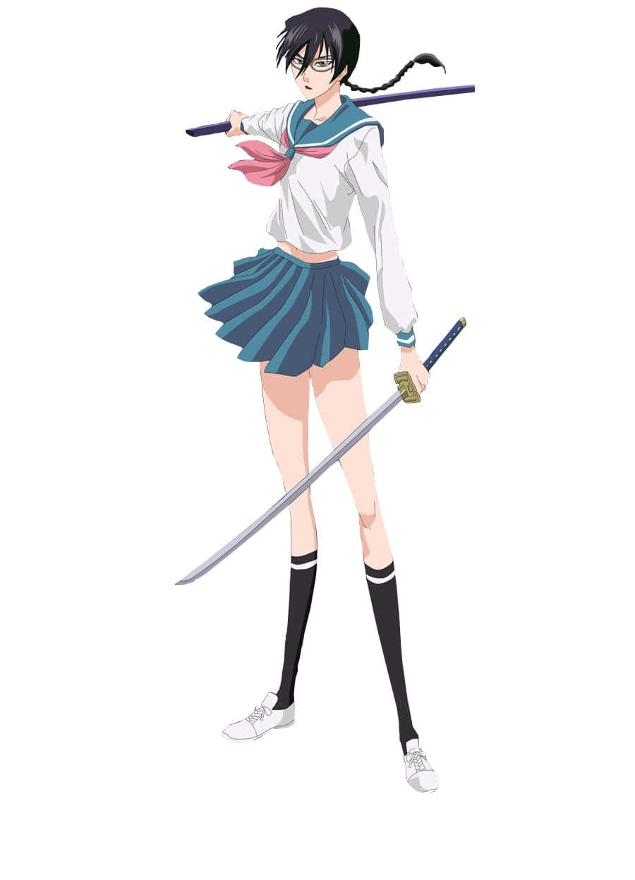 Lisa Yadomaru 桌布 壁紙 — 身穿水手服的動畫女孩，在純白背景前手持武士刀和法杖，表情堅定。