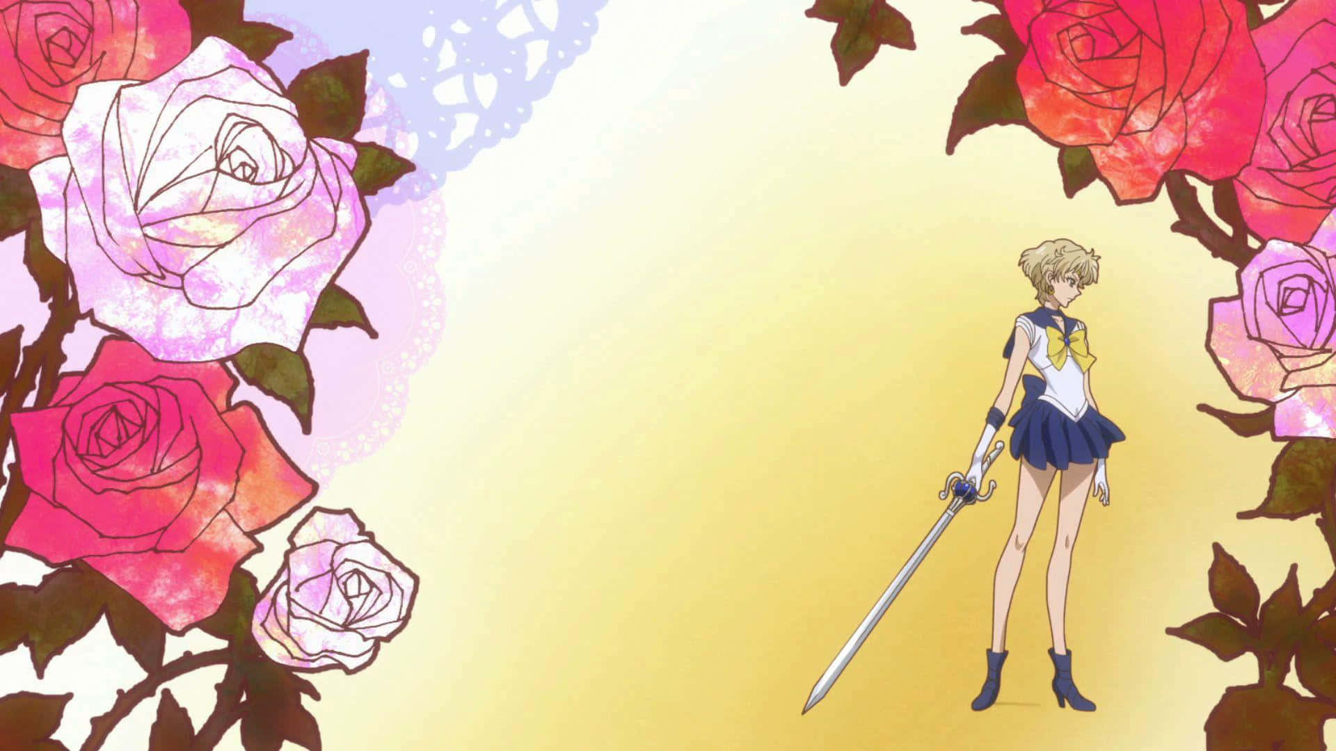 sailor moon crystal 桌布 壁紙 — 身穿水手服的動畫女孩在柔和的漸變背景中，於鮮豔的粉紅和紅玫瑰之間手持劍。