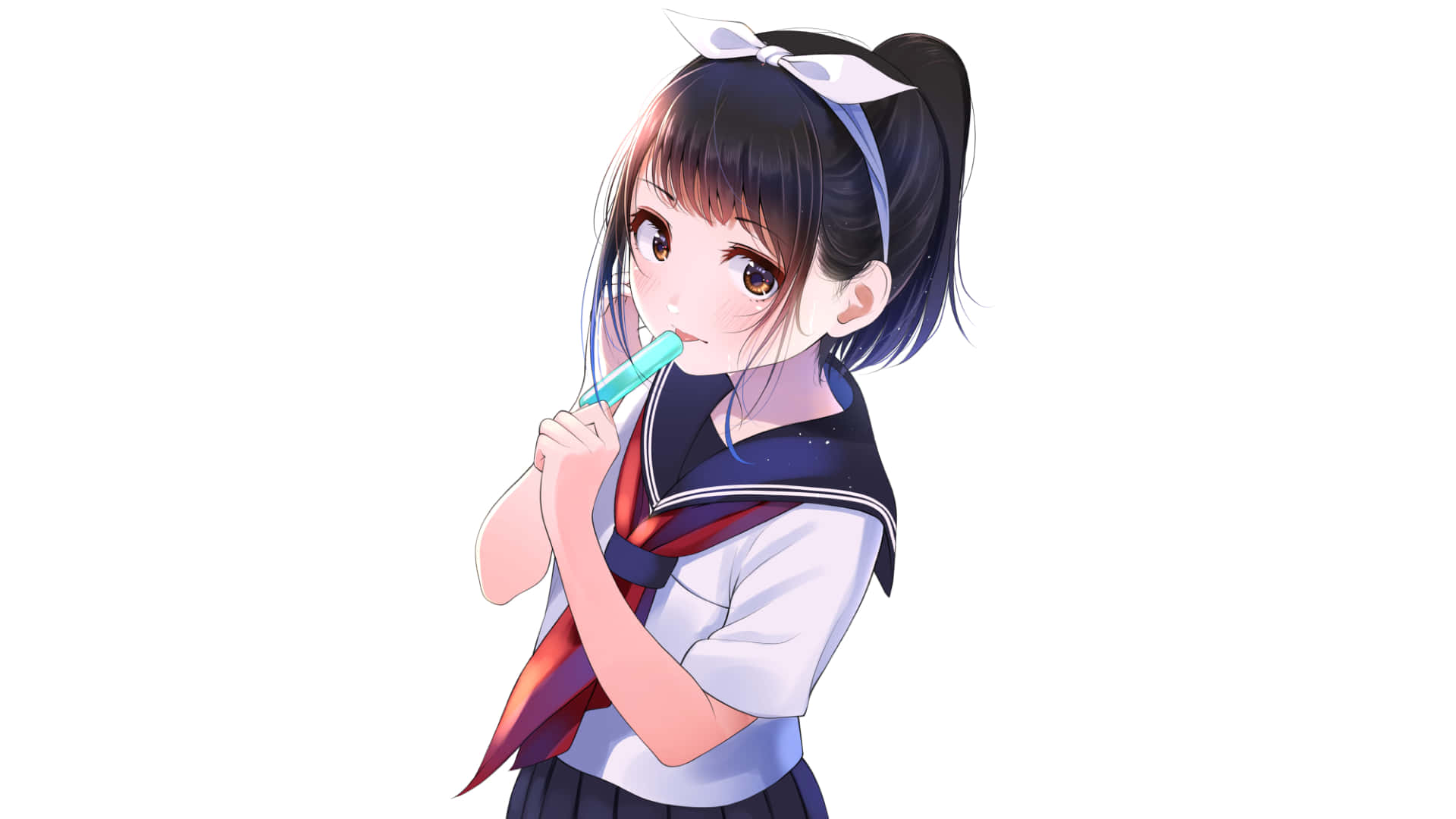 動漫女孩 桌布 壁紙 — 身穿水手服的動畫女孩在白色背景前用藍色牙刷刷牙。