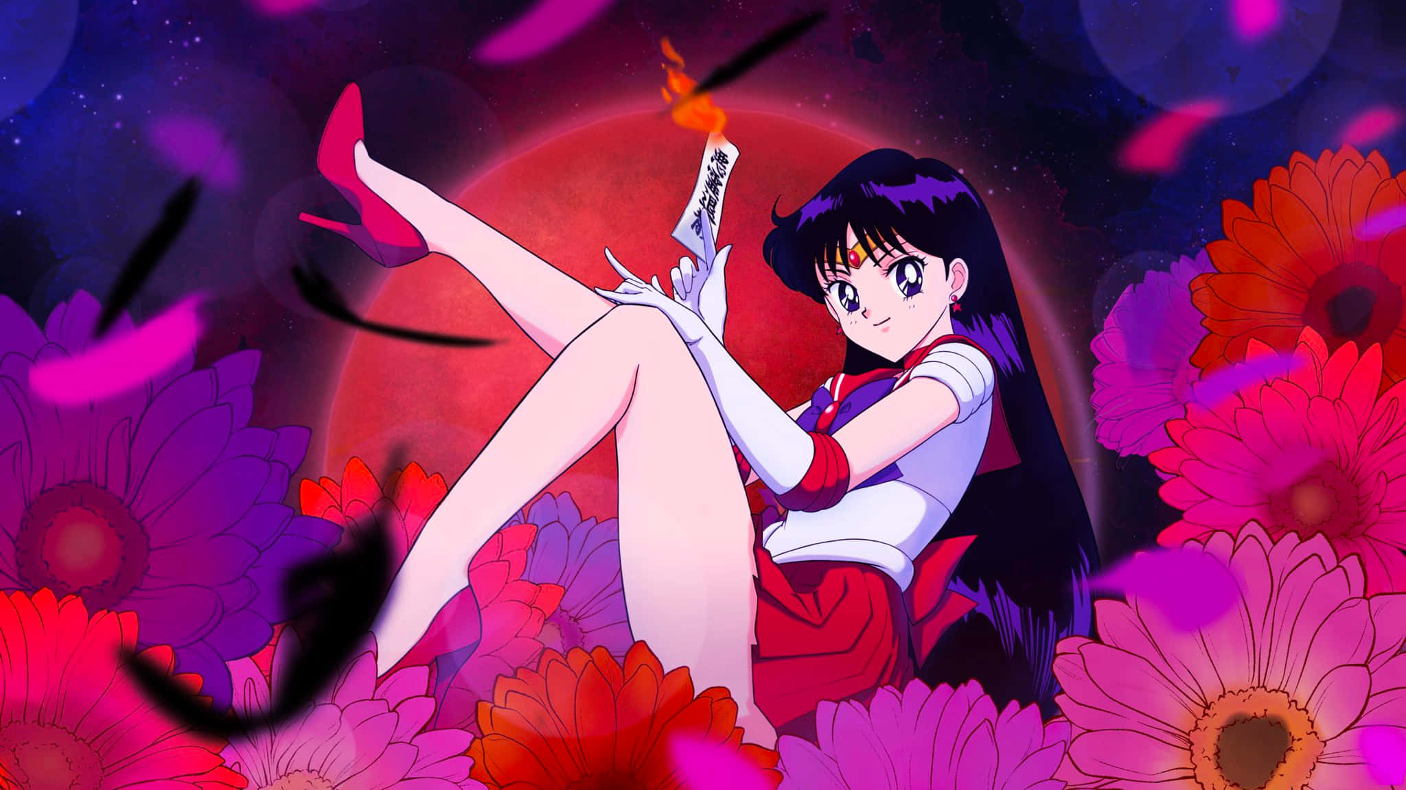 sailor mars 桌布 壁紙 — 身穿水手服的動畫女孩在鮮豔的粉紅色和紅色花叢中擺姿勢，背景是宇宙紅色月亮。