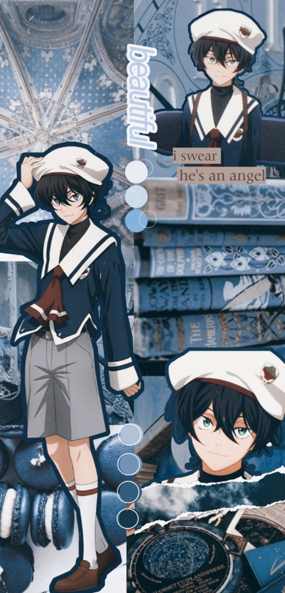 Miya 桌布 壁紙 — 身穿水手服的動畫男孩在藍色書本和馬卡龍之間擺姿勢，形成帶有文字疊加的拼貼畫。