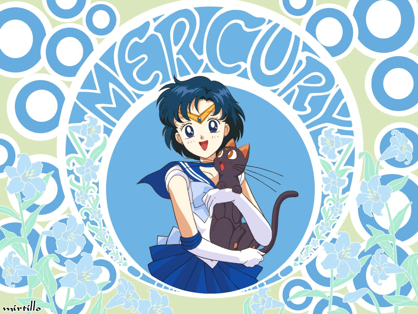Sailor Mercury 桌布 壁紙 — 身穿水手服的動畫角色水星抱著一隻黑貓，周圍環繞著藍色花卉和圓形圖案。