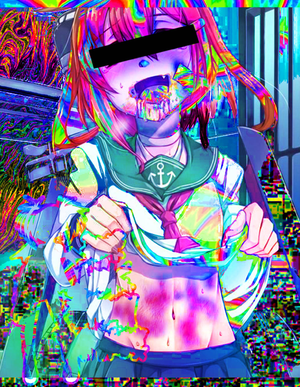 藝術 桌布 壁紙 — 身穿水手服的故障藝術動漫女孩，帶有彩虹扭曲和像素化效果。