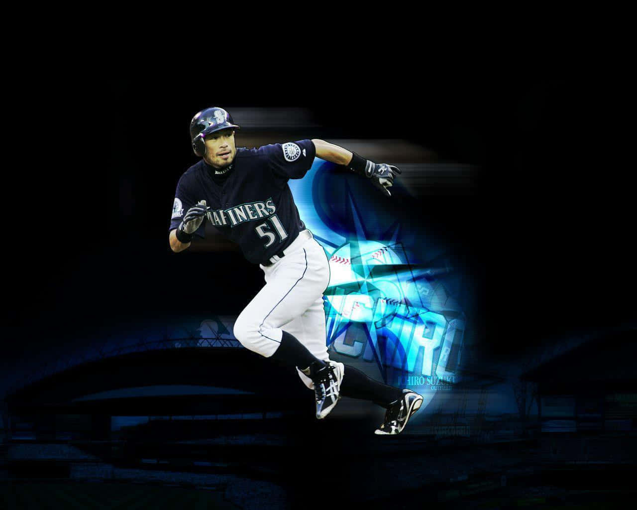 Baseball Players 桌布 壁紙 — 身穿水手隊球衣的棒球選手在發光的藍色抽象背景前動態衝刺。
