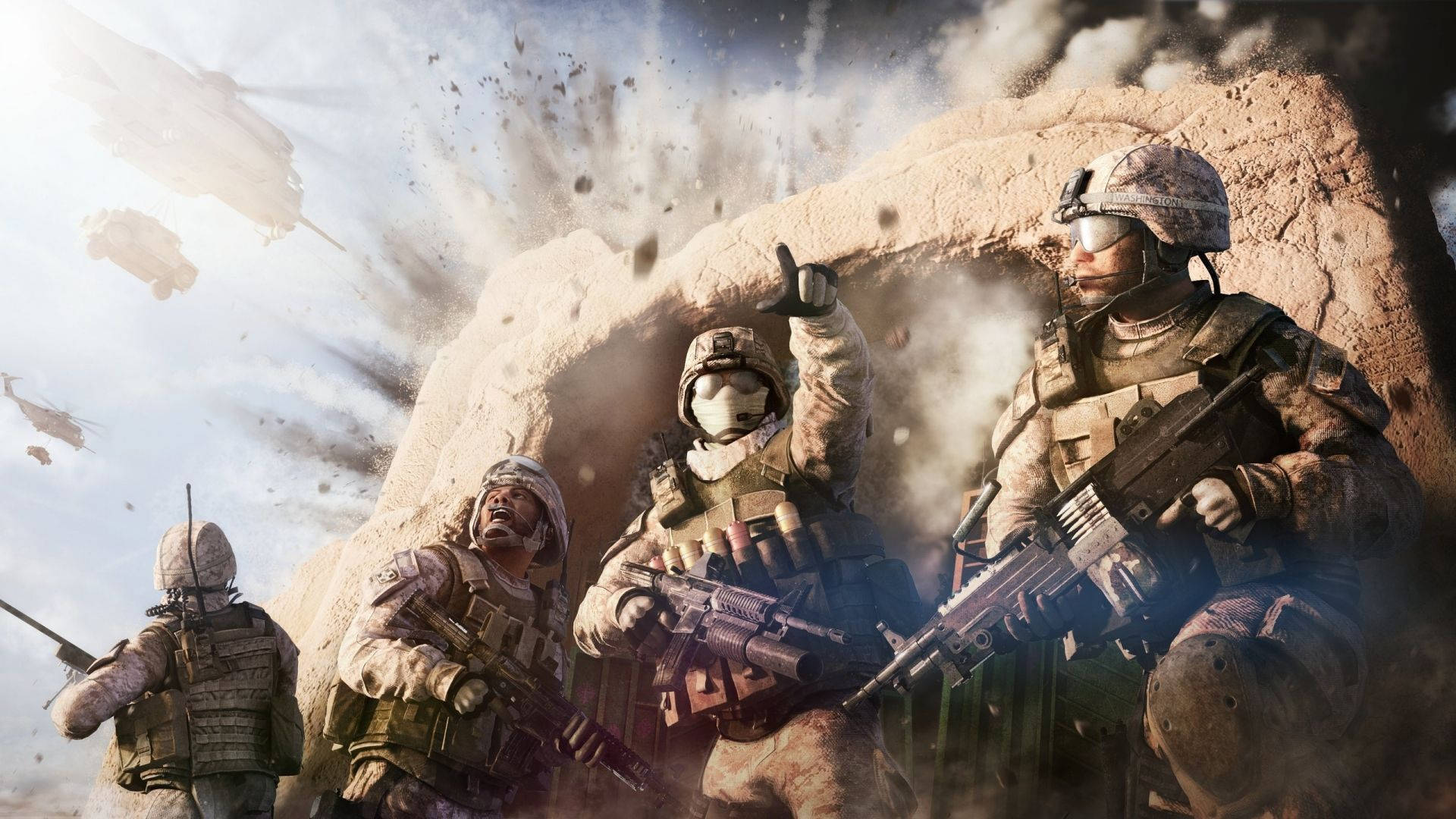 軍事動圖 桌布 壁紙 — 身穿沙漠作戰裝備的士兵躲在砂岩牆後，爆炸和碎片在他們周圍飛舞。