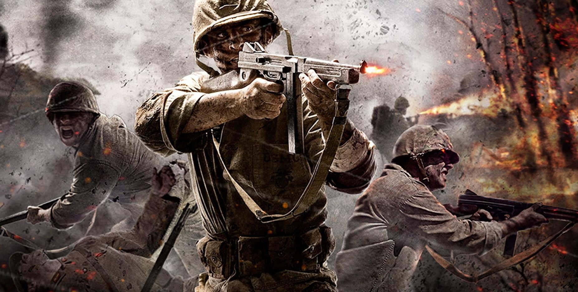 Call Of Duty Soldiers 桌布 壁紙 — 身穿泥濘軍服的士兵在煙霧和火焰中，在混亂的戰場場景中開火。