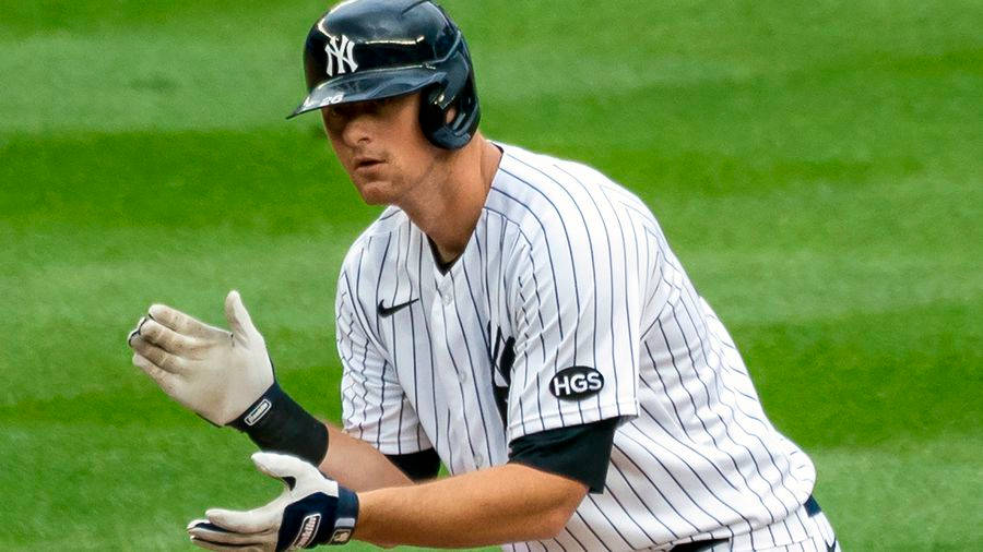Dj Lemahieu 桌布 壁紙 — 身穿洋基隊條紋球衣的棒球手蹲在綠色球場上準備擊球。