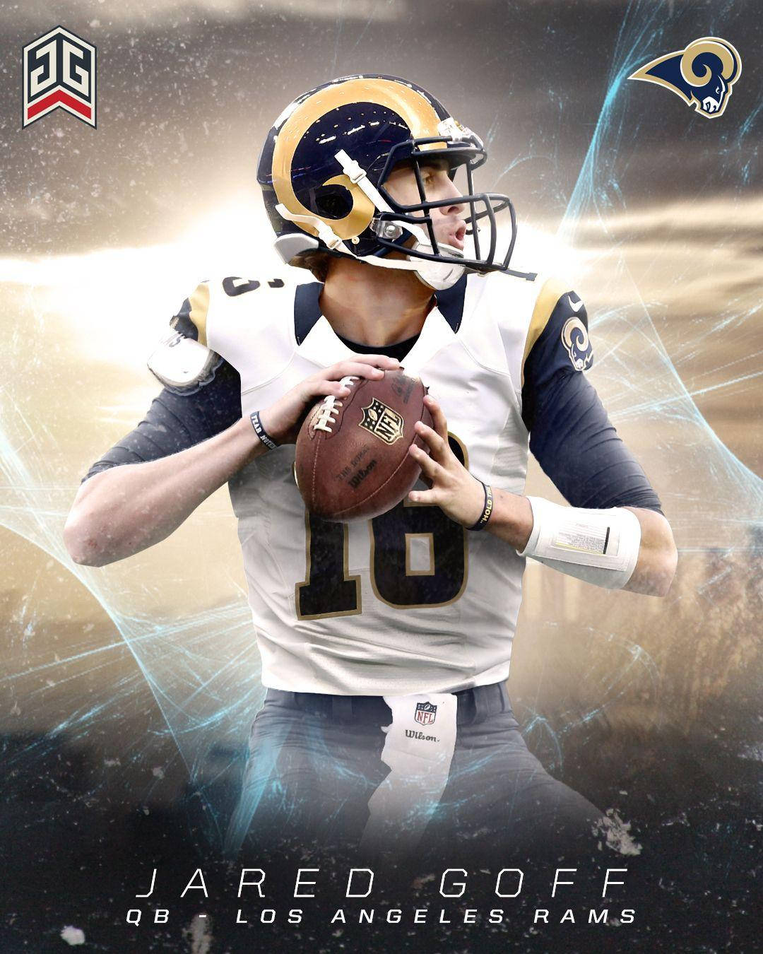 運動 桌布 壁紙 — 身穿洛杉磯公羊隊裝備的四分衛 Jared Goff 準備在動態發光的抽象背景前擲出美式足球。