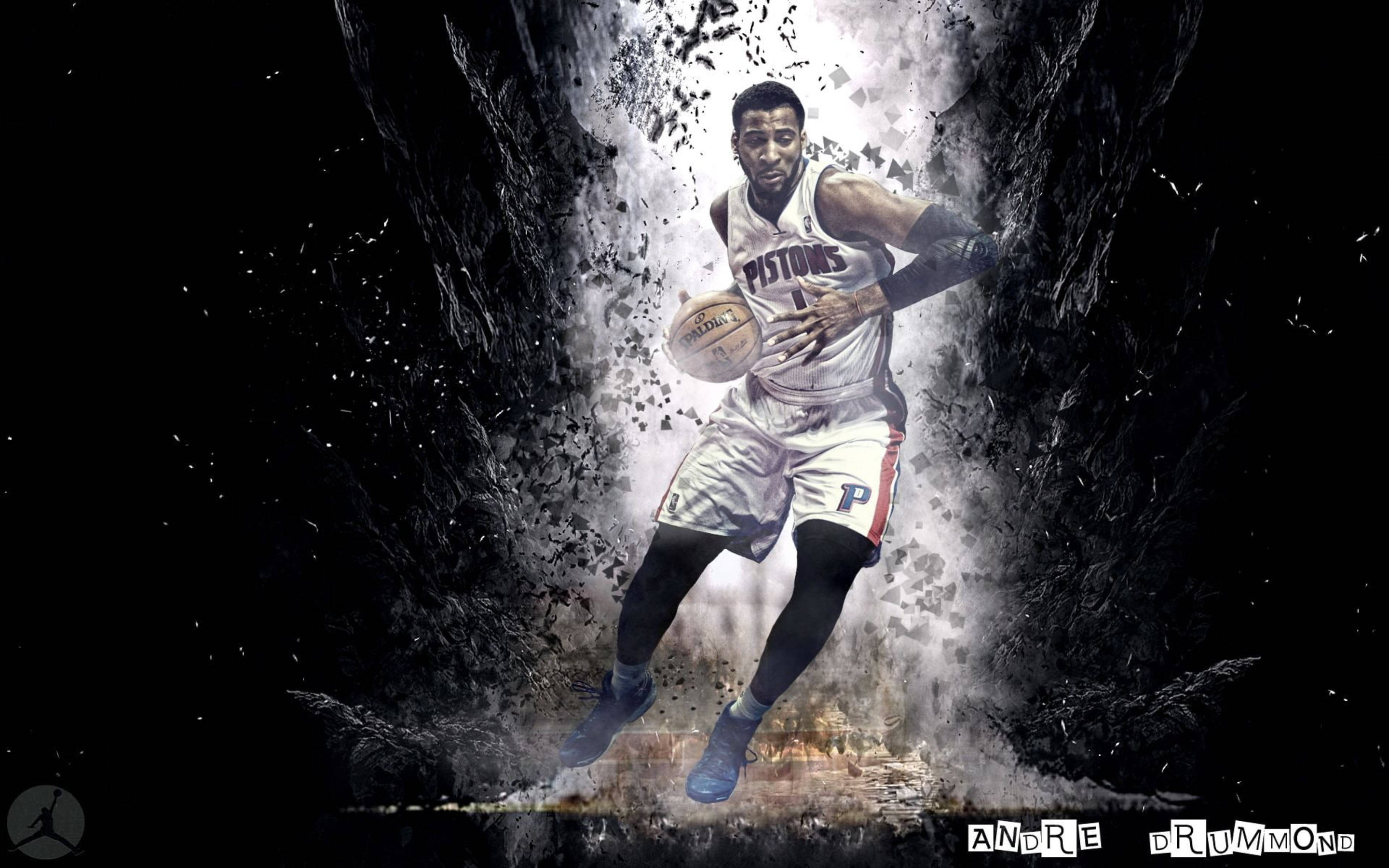 detroit 桌布 壁紙 — 身穿活塞隊球衣的籃球運動員 Andre Drummond 在運球時衝破一條由碎片組成的黑暗隧道。