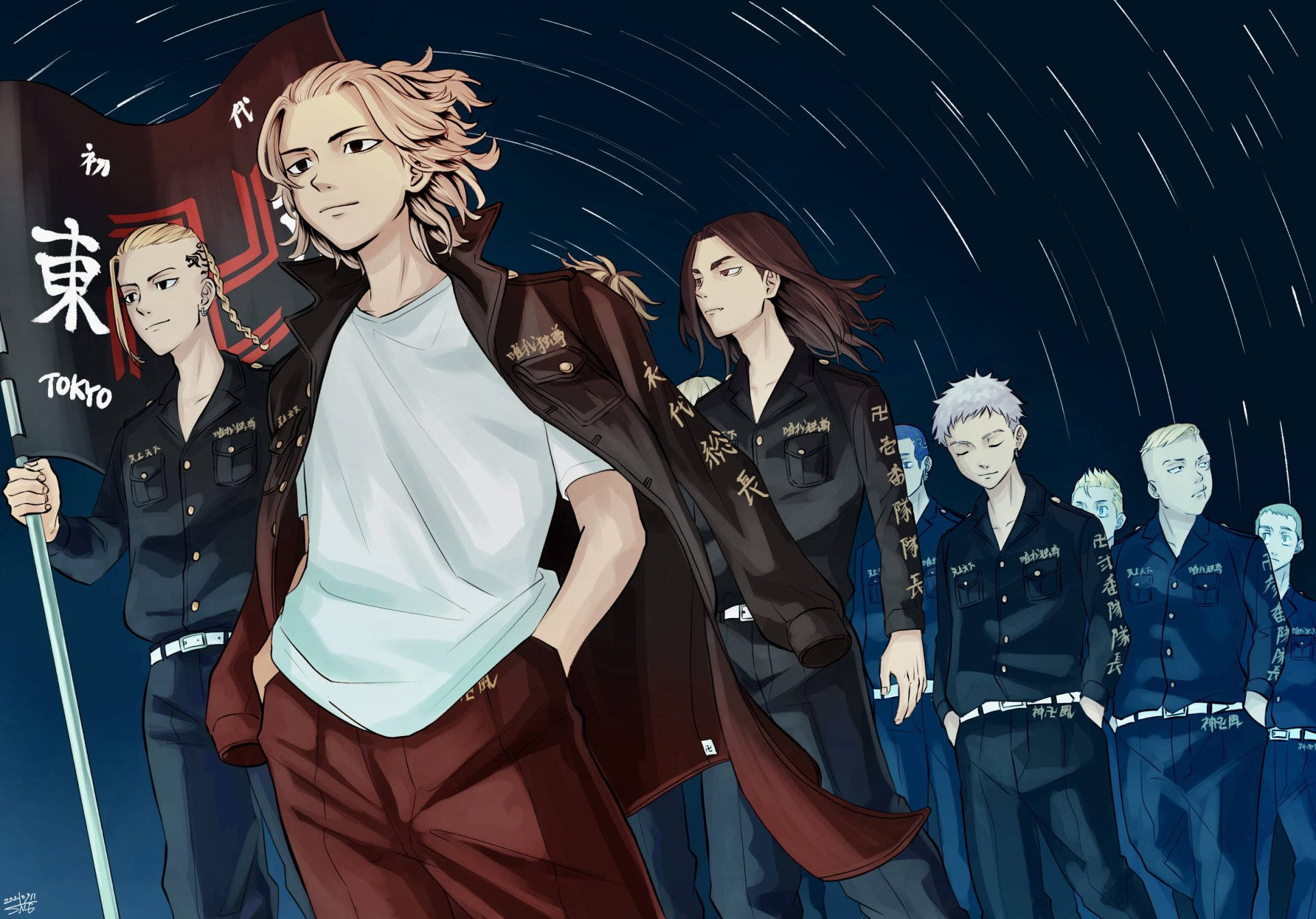 izana kurokawa 桌布 壁紙 — 身穿深色制服的動畫角色站在星空下，舉著東京旗。