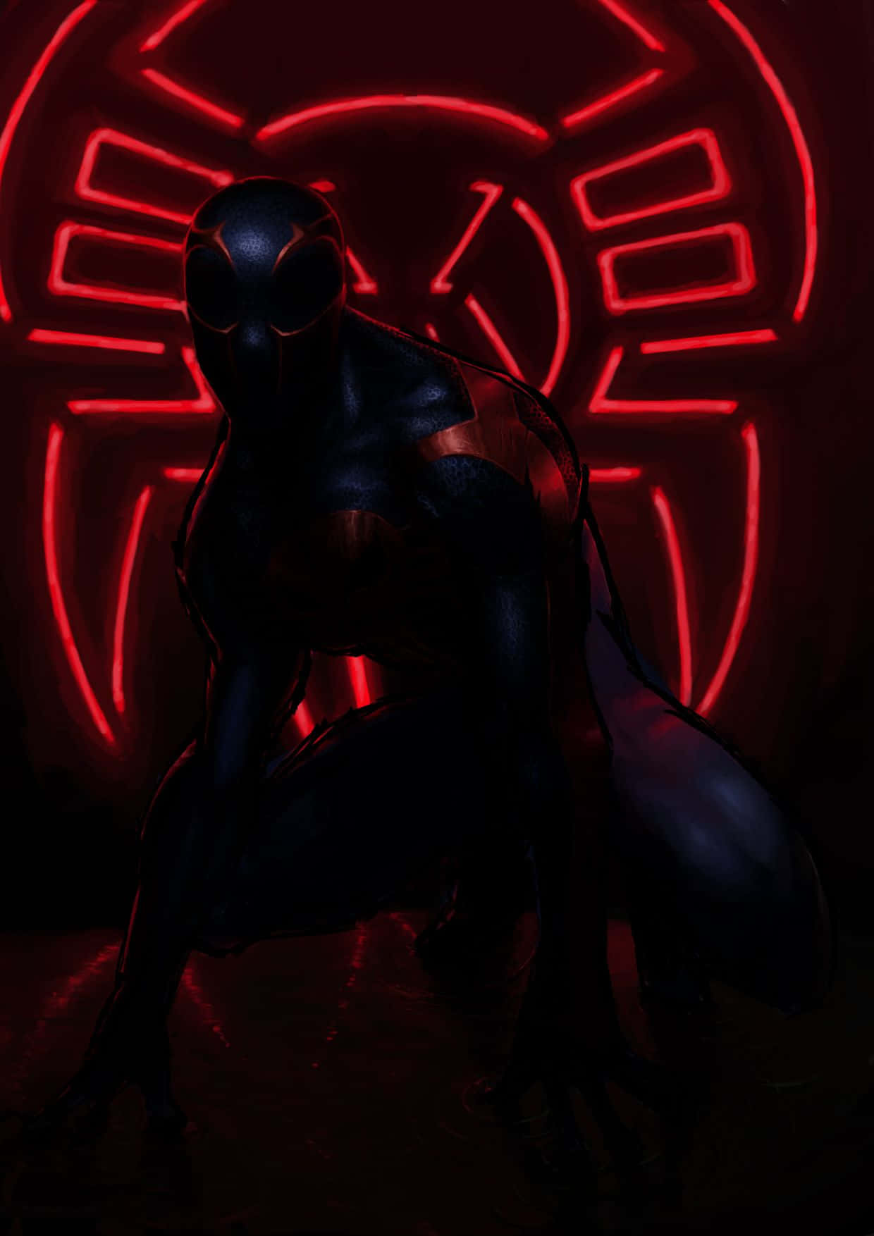 Spider Man 2099 桌布 壁紙 — 身穿深色戰衣的蜘蛛人在陰影中蹲伏，下方是一個發光的紅色蜘蛛網標誌，被詭異的霓虹燈照亮。