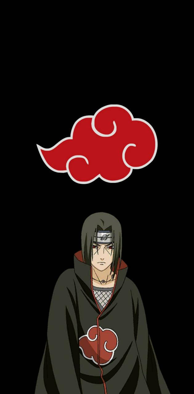 itachi uchiha iPhone 桌布 壁紙 — 身穿深色斗篷、帶有紅色雲朵符號的動漫角色站在黑色背景前，上方漂浮著相同的符號。