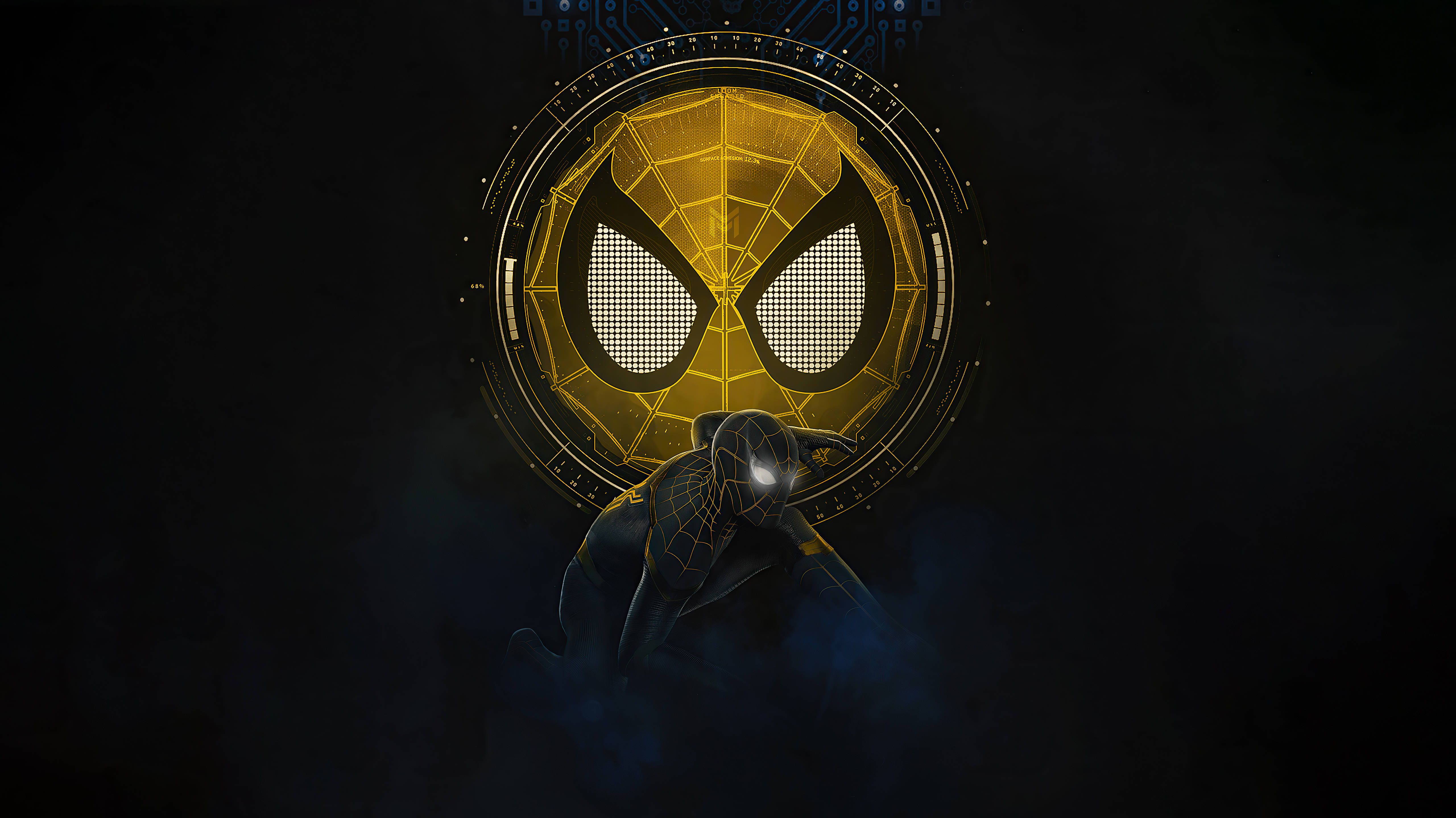 Spider Man No Way Home 桌布 壁紙 — 身穿深色西裝的蜘蛛人蹲在一個發光的金色蜘蛛網圖案標誌下，背景是煙霧瀰漫的黑色。