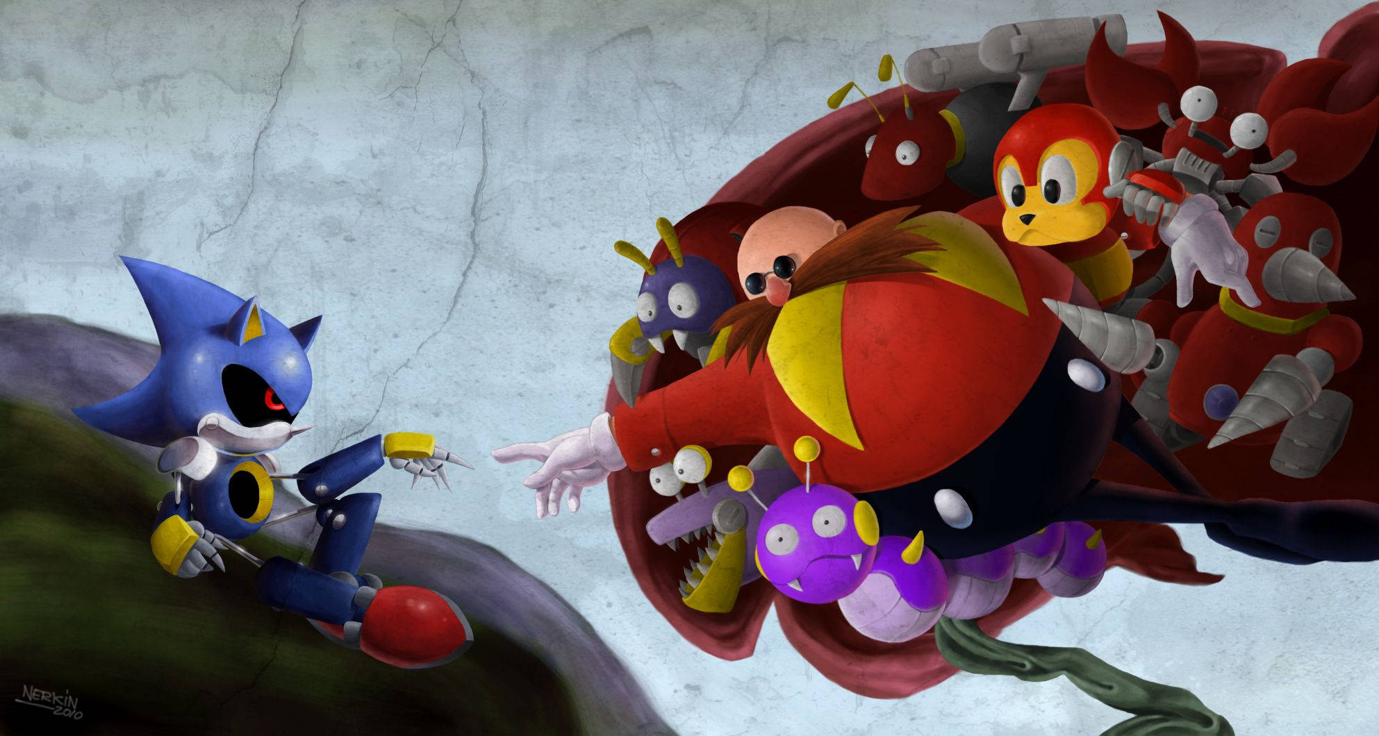 Eggman 桌布 壁紙 — 身穿深藍色盔甲的Sonic the Hedgehog在裂開的混凝土背景下對抗一群混亂的彩色機械敵人。