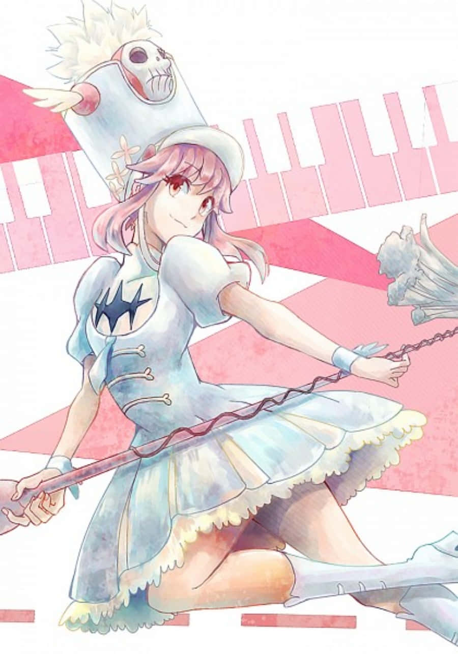 Nonon Jakuzure 桌布 壁紙 — 身穿淺藍色女僕裝、戴骷髏帽、背景為鋼琴鍵的動畫女孩揮舞著鏈條武器。