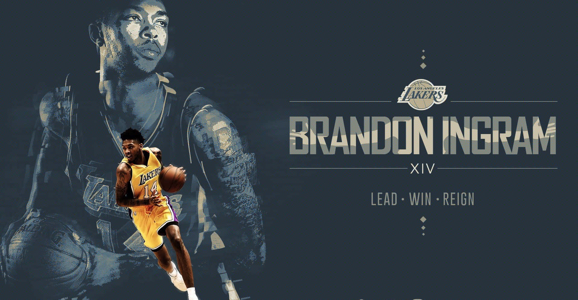 湖人 桌布 壁紙 — 身穿湖人隊球衣的Brandon Ingram運球，背景為風格化肖像及球隊品牌元素。