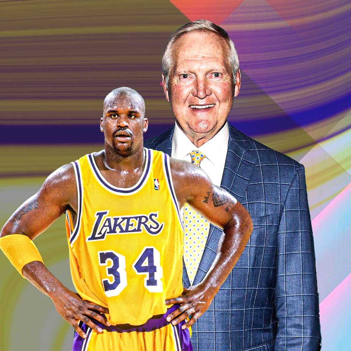 NBA 桌布 壁紙 — 身穿湖人隊球衣的Shaquille O'Neal站在Phil Jackson旁邊，背景是充滿活力的抽象圖案。