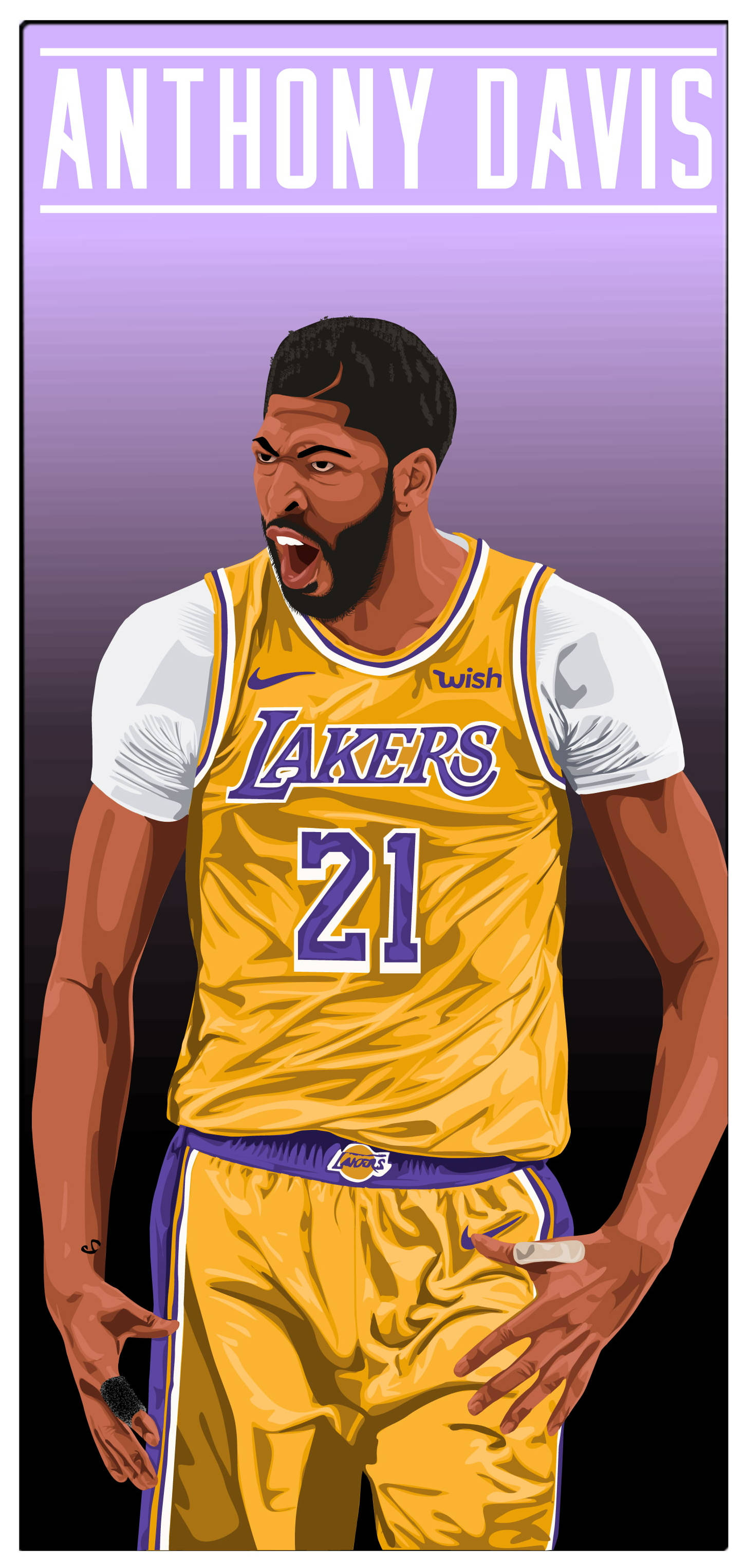 Anthony Davis 桌布 壁紙 — 身穿湖人隊球衣的籃球運動員安東尼·戴維斯插畫肖像，表情激烈地大喊。