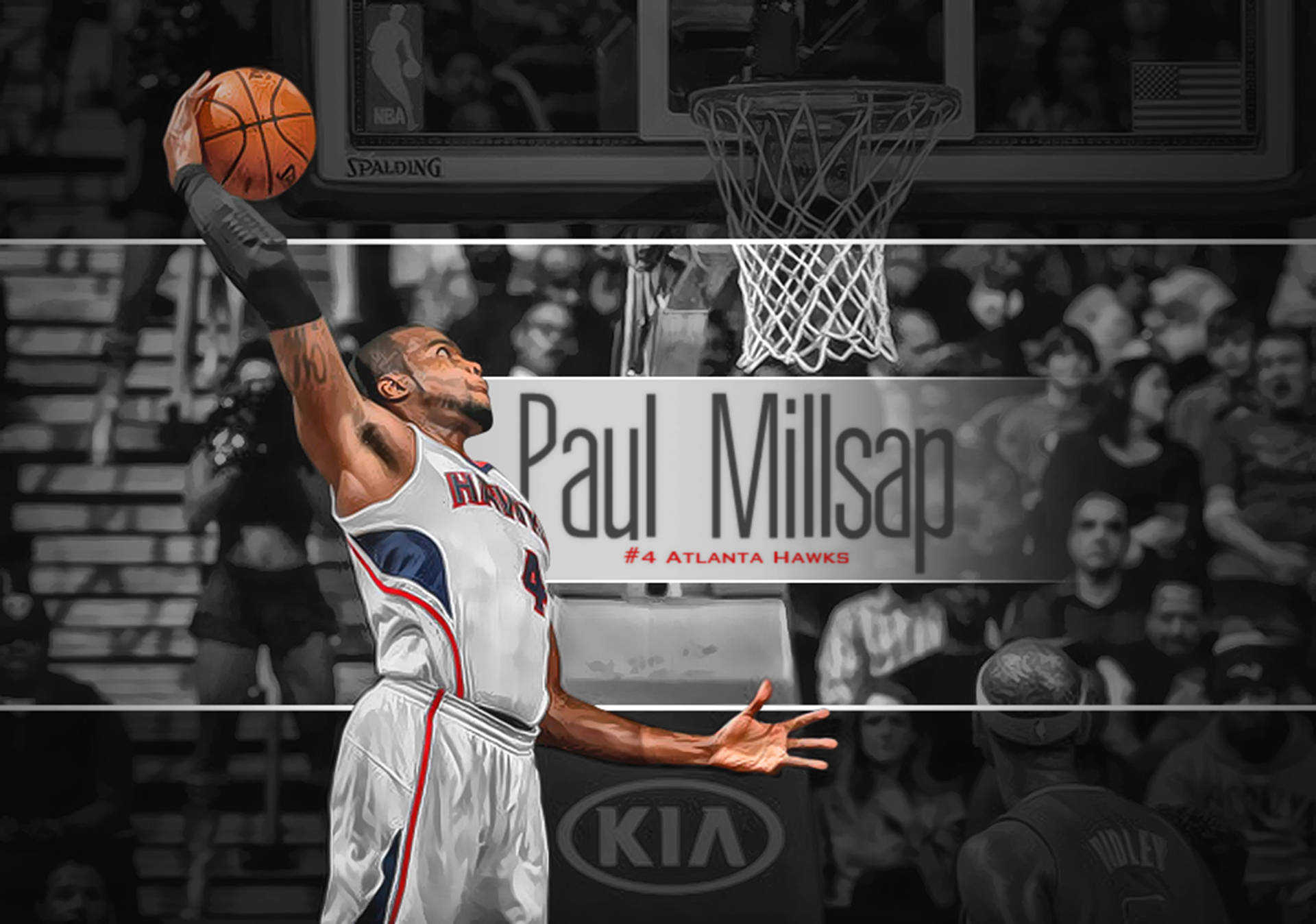 Paul Millsap 身穿亞特蘭大老鷹隊球衣準備在籃球比賽中灌籃。 — Michael B Jordan 壁紙