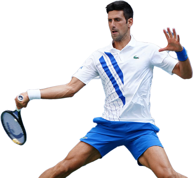 Athlete 桌布 壁紙 — 身穿白色和藍色裝備的網球選手向前猛衝，在純色背景下專注地揮動球拍。