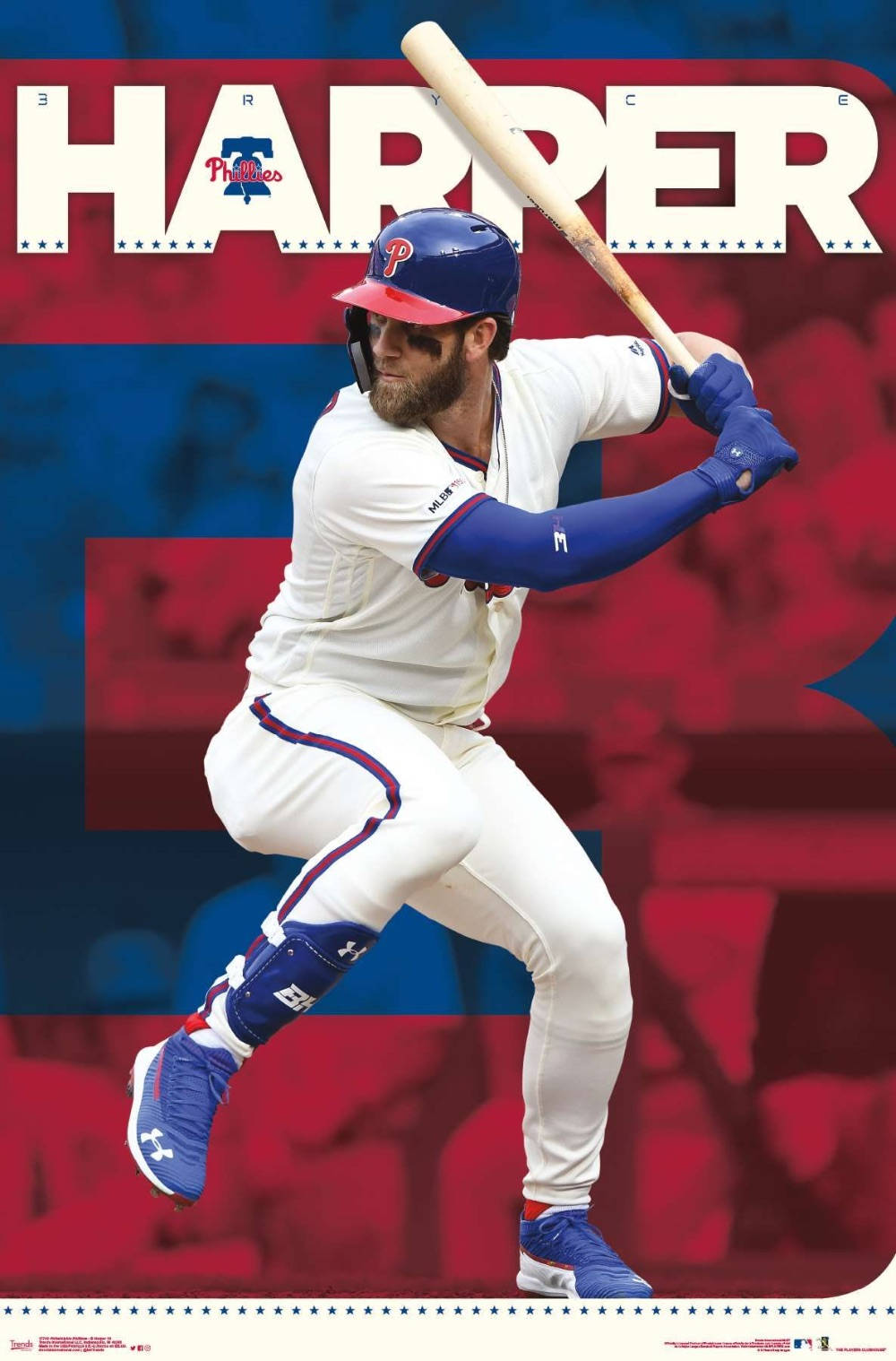 harper 桌布 壁紙 — 身穿白色和藍色費城人隊球衣的棒球選手 Bryce Harper 在紅藍圖形背景中揮棒，背景上有他的名字。