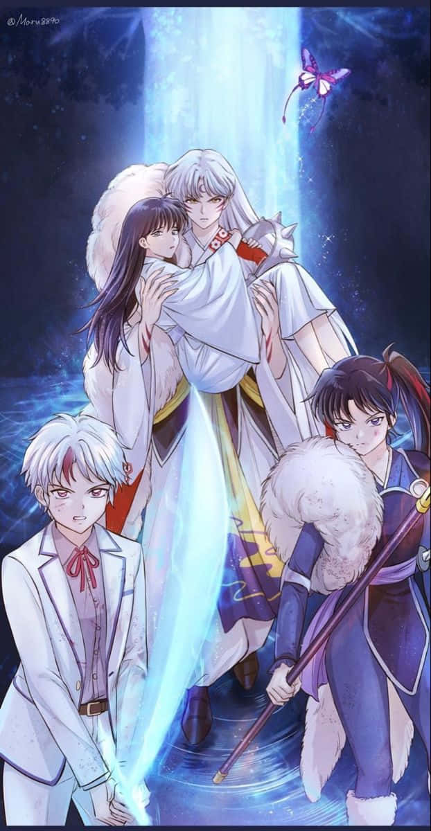 Inuyasha And Rin 桌布 壁紙 — 身穿白色和藍色長袍的動漫角色站在發光的光束下，蝴蝶在上方飄浮。