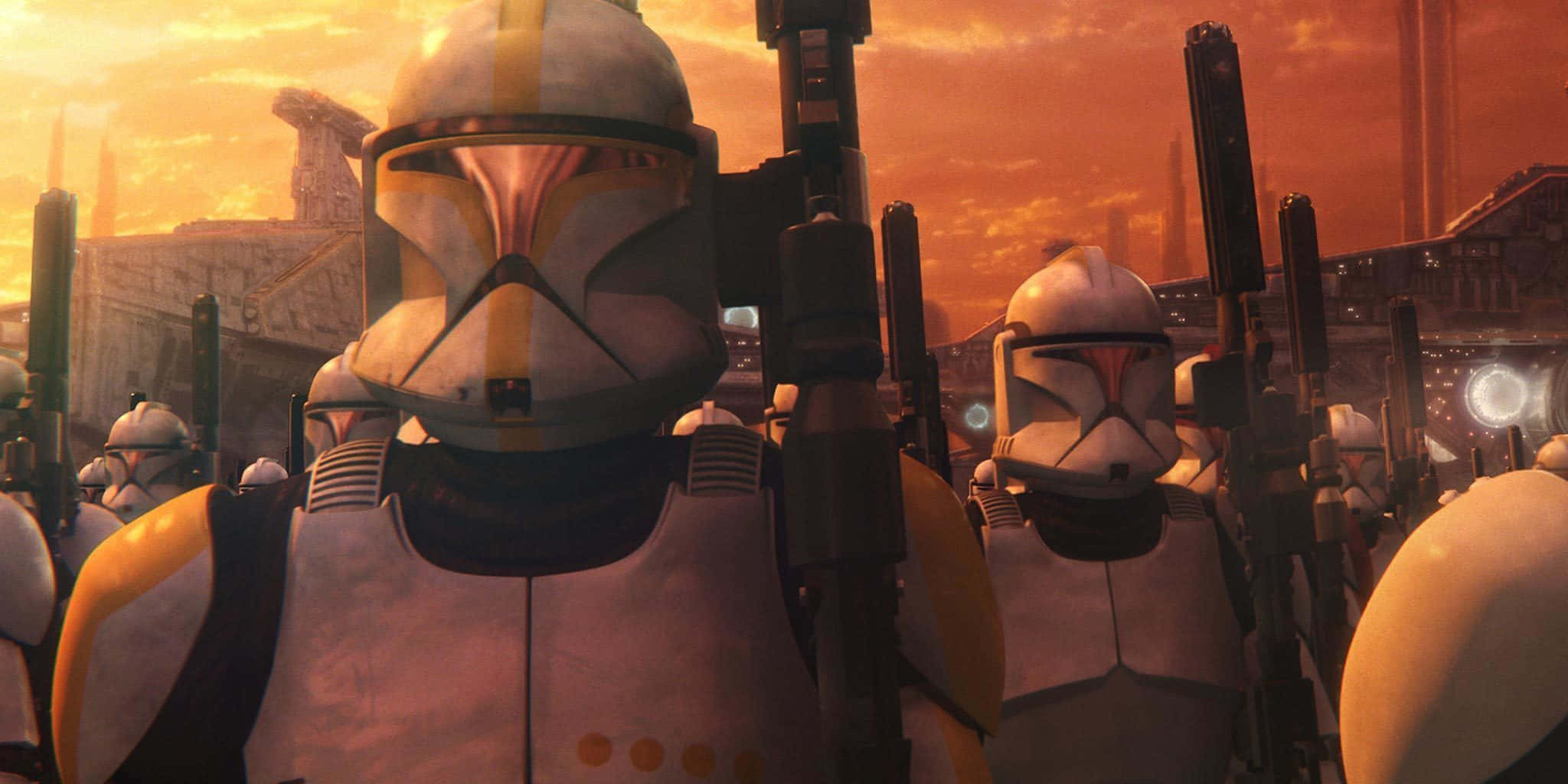 The Battle Of Geonosis 桌布 壁紙 — 身穿白色和黃色盔甲的複製人士兵在戰火摧殘的城市景觀上空，以熾熱的橙色日落為背景列隊站立。