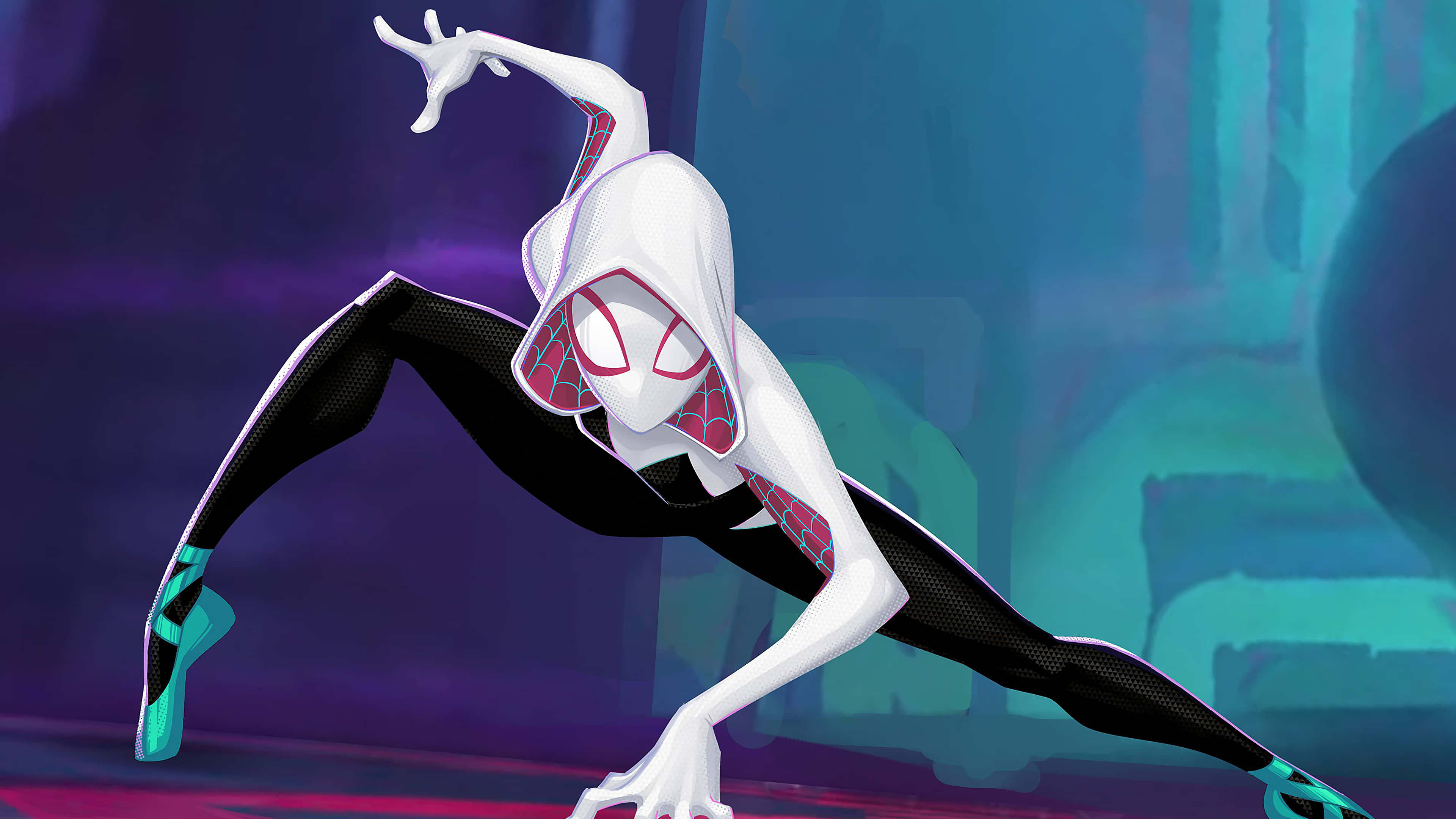 Gwen Stacy 桌布 壁紙 — 身穿白色和黑色戰衣的蜘蛛關在發光的紫色和青色背景前擺出動感姿勢。