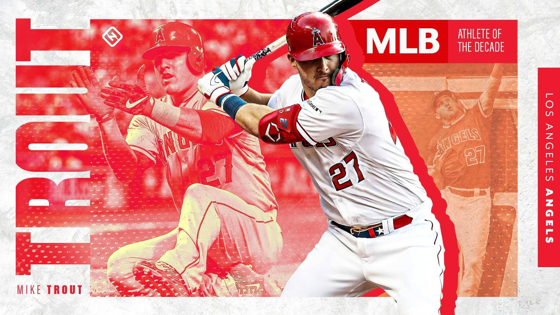 Mike Trout 桌布 壁紙 — 身穿白色天使隊球衣的棒球選手 Mike Trout 揮棒中，戴紅色頭盔、持紅色球棒，背景為大膽的紅白圖形設計。