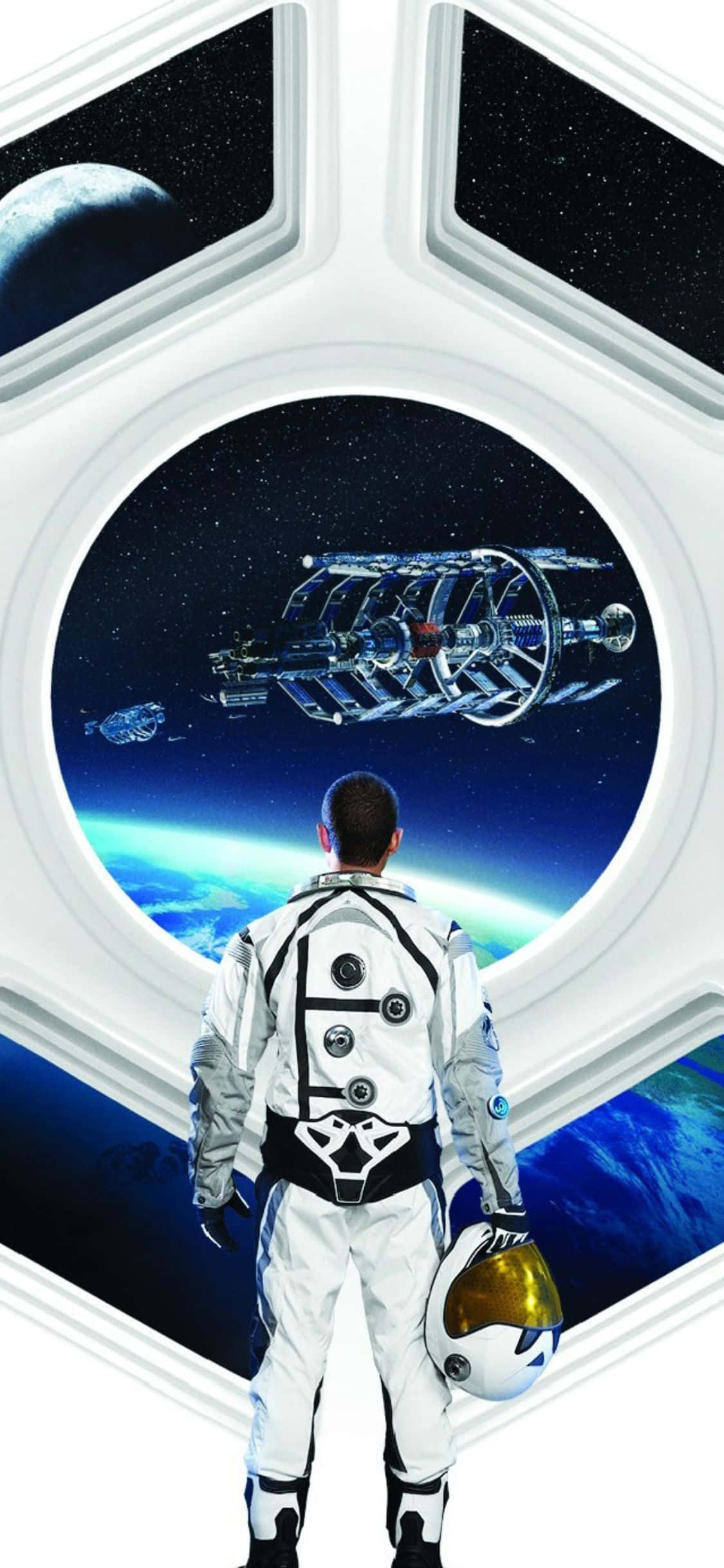 太空人 桌布 壁紙 — 身穿白色太空衣的太空人從太空船窗戶凝視著在繁星背景下繞地球軌道運行的遙遠太空站。