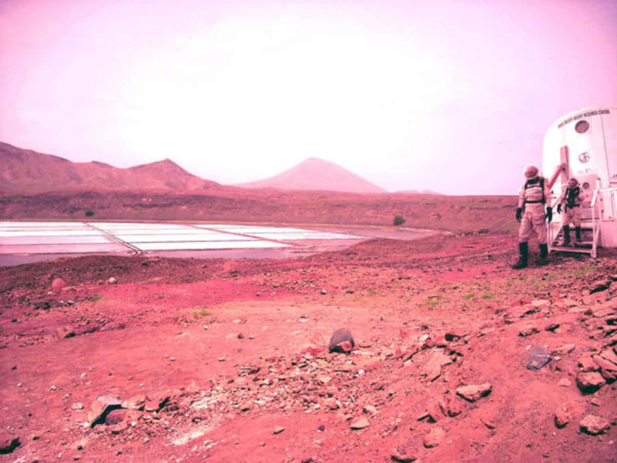 Terraforming 桌布 壁紙 — 身穿白色太空衣的太空人從登陸器走出，降落在一個帶有遠山和反射水池的微紅色外星行星上，天空呈粉紅色。