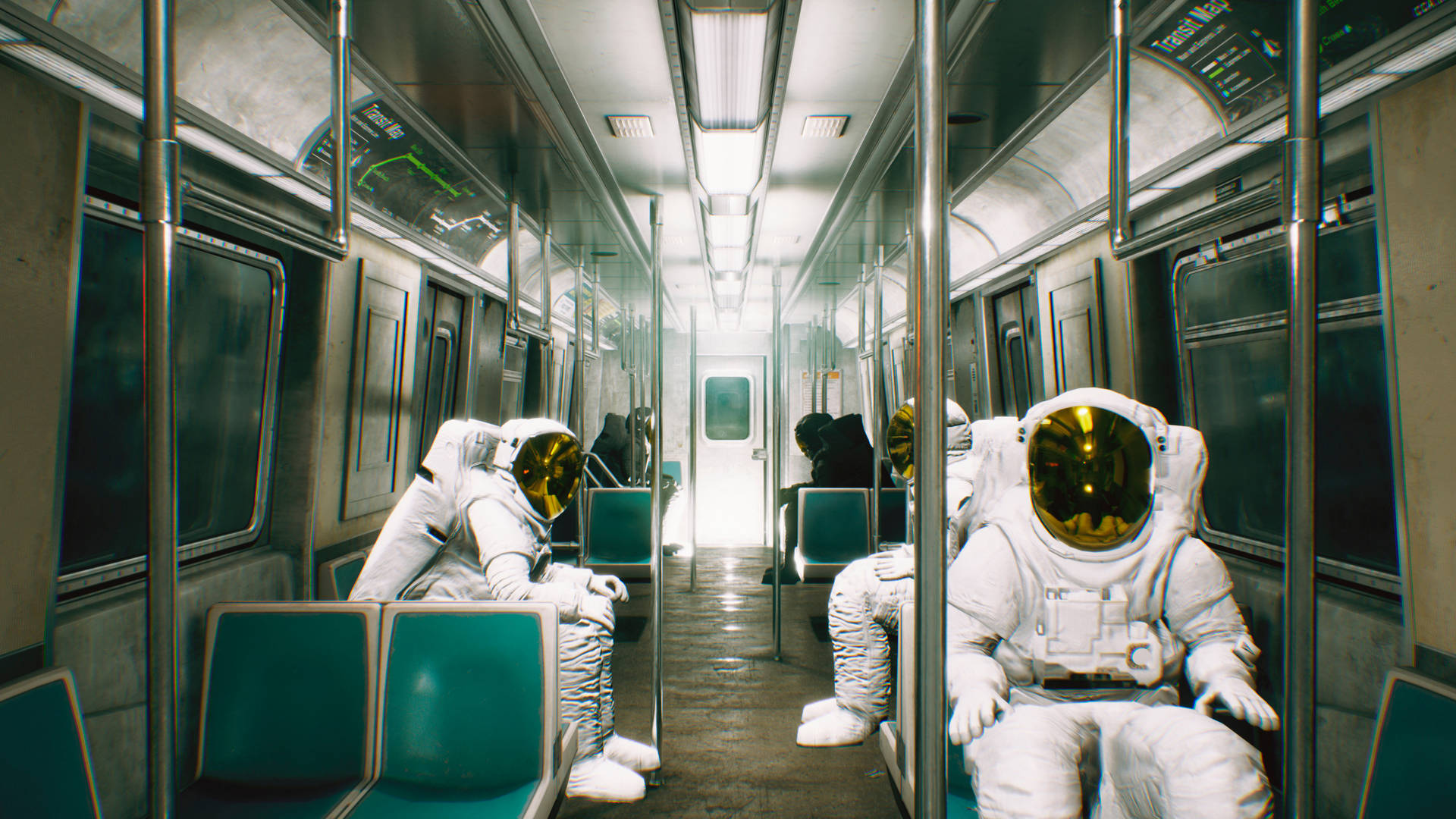  壁紙 — 身穿白色太空衣的太空人靜靜地坐在一列長長的金屬列車車廂內的青綠色地鐵座位上，車廂有反射表面和頭頂燈光。