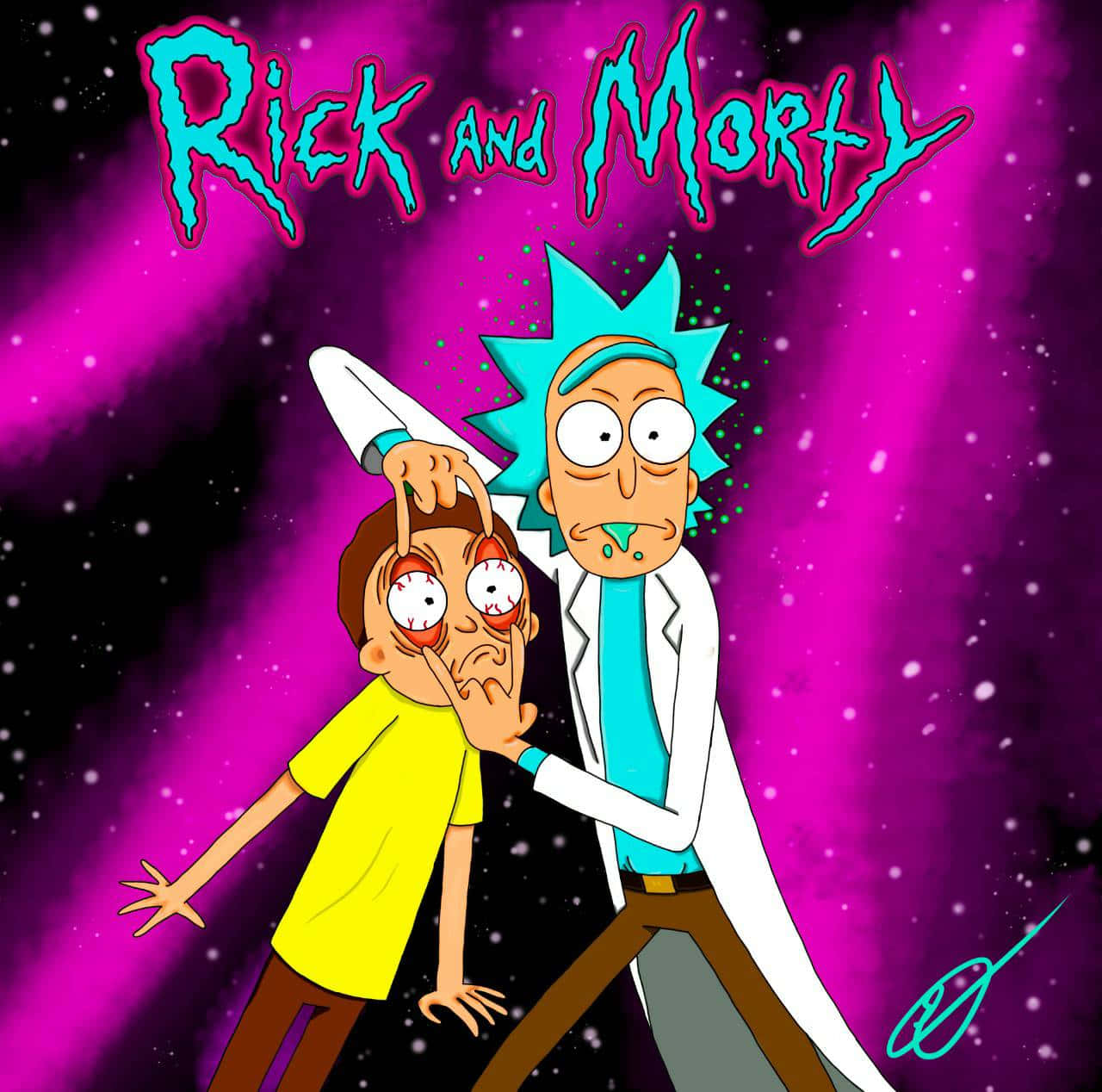 Rick And Morty Macbook 桌布 壁紙 — 身穿白色實驗袍的瑞克·桑切斯在充滿星星的紫色宇宙背景下抓住莫蒂的臉。