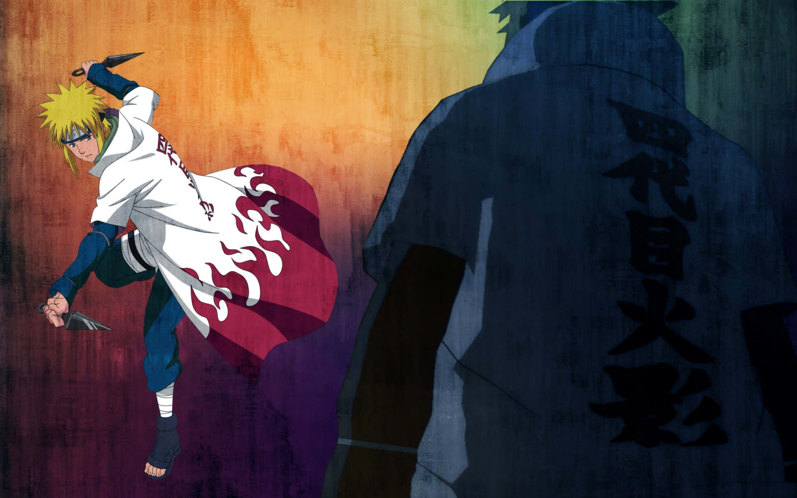 Fourth Hokage 桌布 壁紙 — 身穿白色斗篷帶紅色火焰的動漫角色鳴人，手持苦無向前躍起，對抗身穿暗色長袍的影子人物。