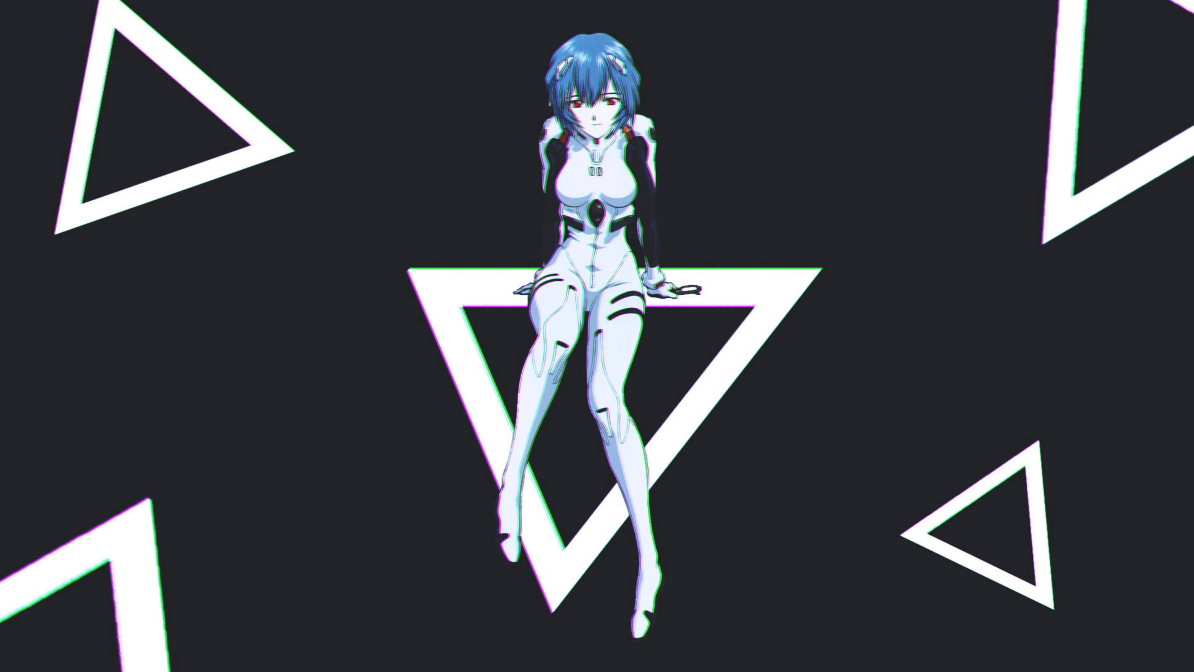 rei ayanami 桌布 壁紙 — 身穿白色未來風格套裝的動漫女孩坐在發光的白色三角形上，背景為深色，周圍有漂浮的三角形。