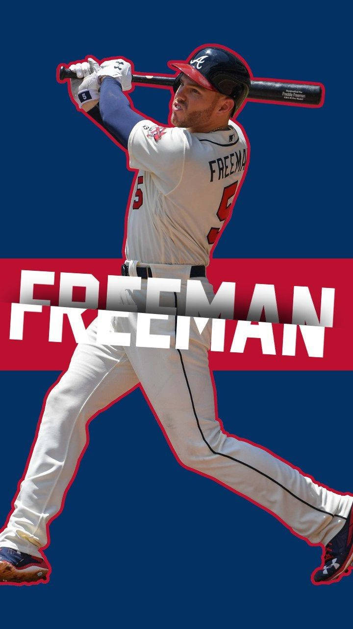 Freddie Freeman 桌布 壁紙 — 身穿白色球衣的棒球選手弗里曼在搶眼的藍紅背景上揮棒，並疊加了他的名字。