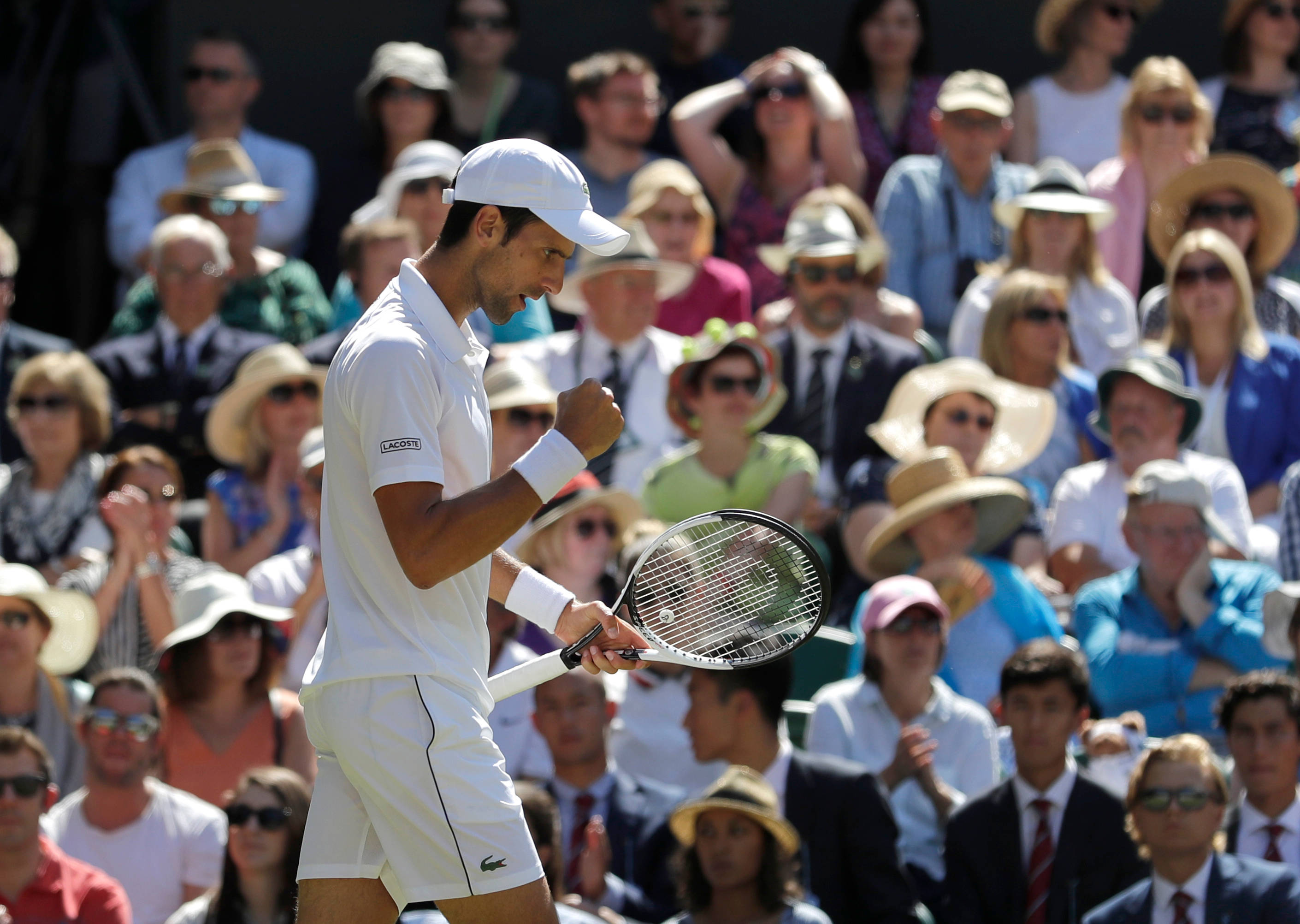 Novak 桌布 壁紙 — 身穿白色球衣的網球選手在燦爛陽光下，於歡呼的人群前高舉球拍，握拳慶祝勝利。