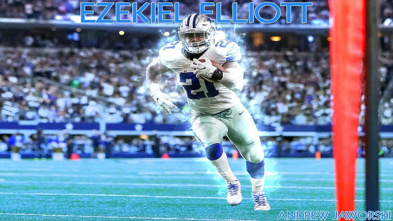 桌布 壁紙 — 身穿白色球衣的美式足球員 Ezekiel Elliott 在球場燈光下帶球衝向達陣區。