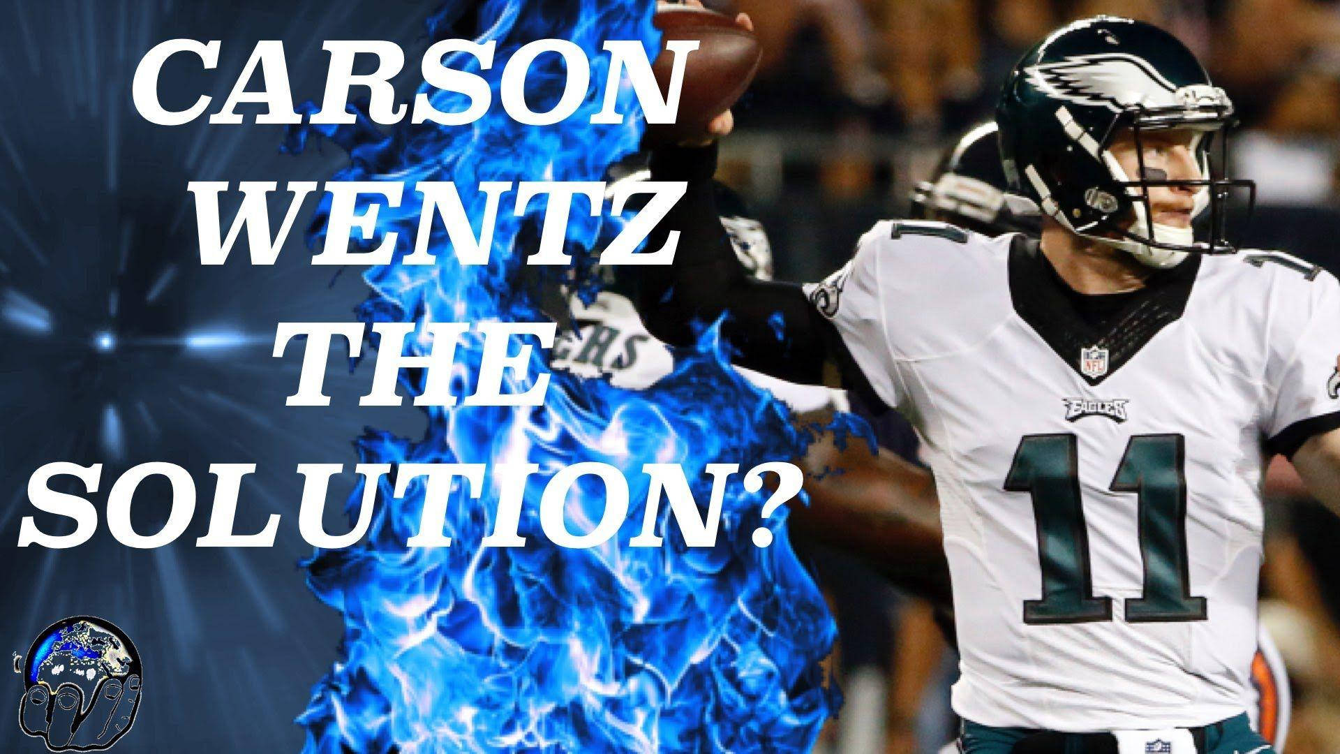 運動 桌布 壁紙 — 身穿白色球衣的足球四分衛 Carson Wentz 被藍色火焰包圍，粗體文字詢問他是否解決方案。