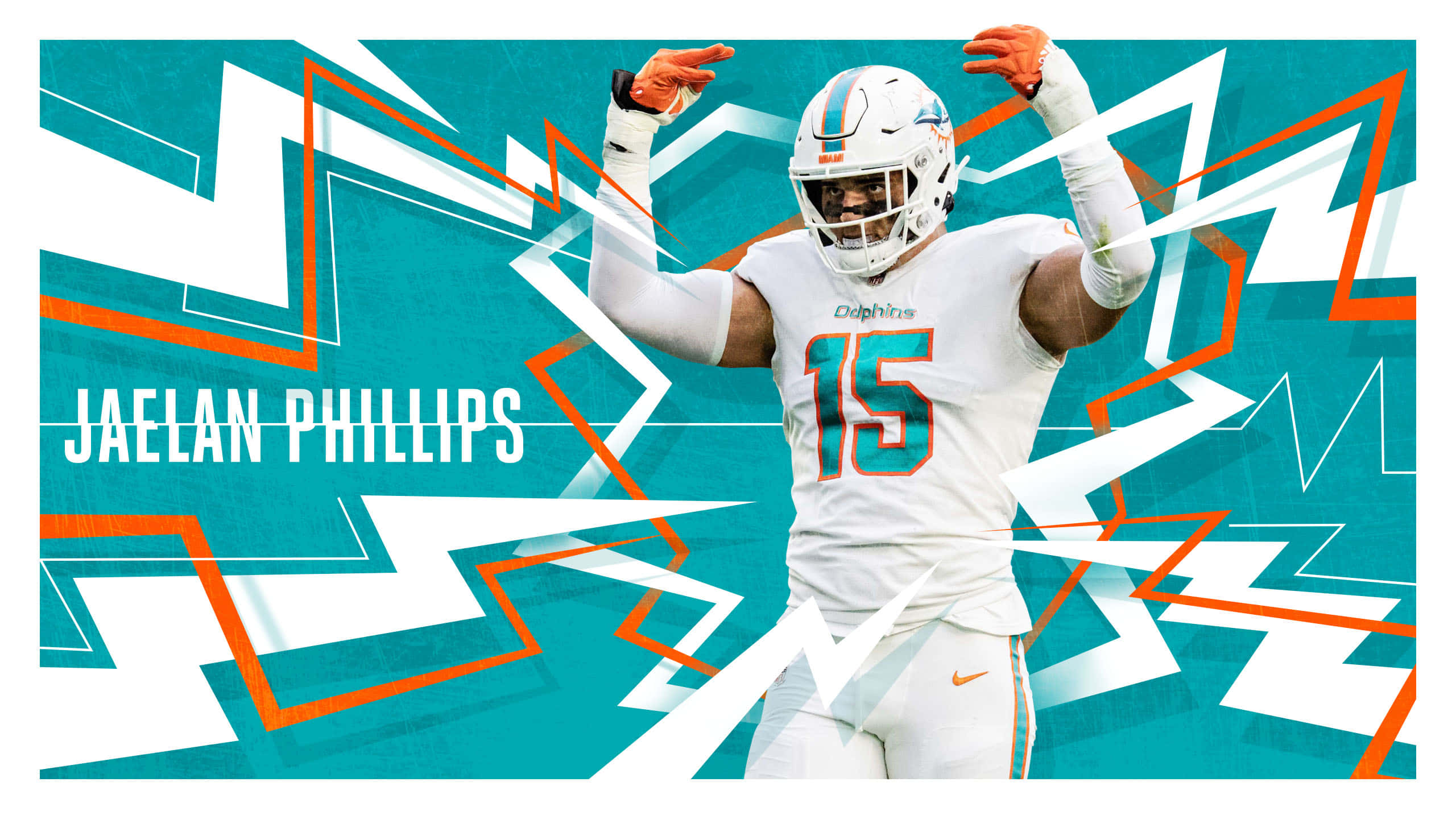 NFL 桌布 壁紙 — 身穿白色球衣的足球運動員Jaelan Phillips在青綠色、橙色和白色的幾何背景前高舉雙臂慶祝。