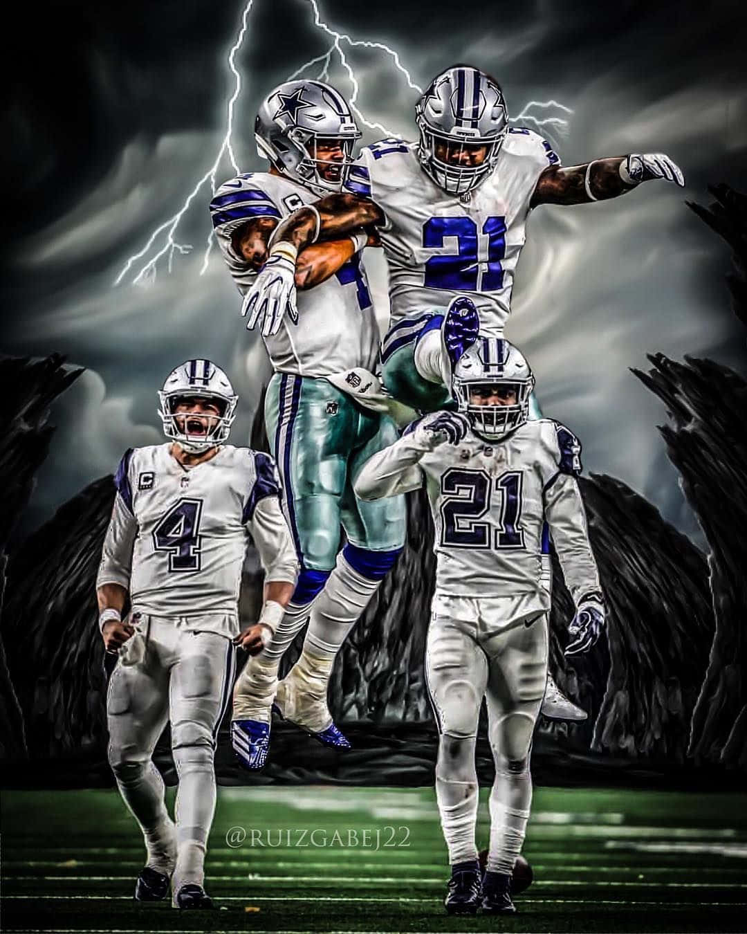Dallas Cowboys Players 桌布 壁紙 — 身穿白色球衣的達拉斯牛仔美式足球員在雷電交加、烏雲密佈的天空下跳躍奔跑，背景有黑色翅膀。
