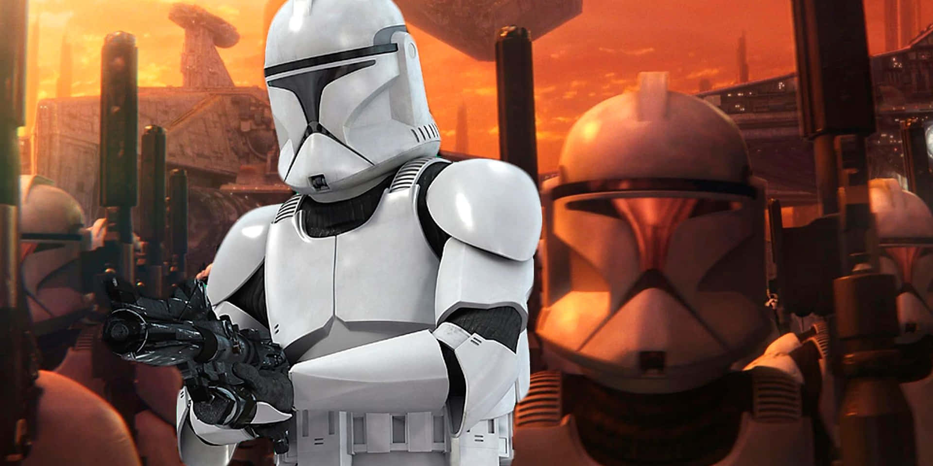 The Clone Army 桌布 壁紙 — 身穿白色盔甲的克隆人部隊手持爆能槍，面對熾熱的橙色外星城市景觀，嚴陣以待。