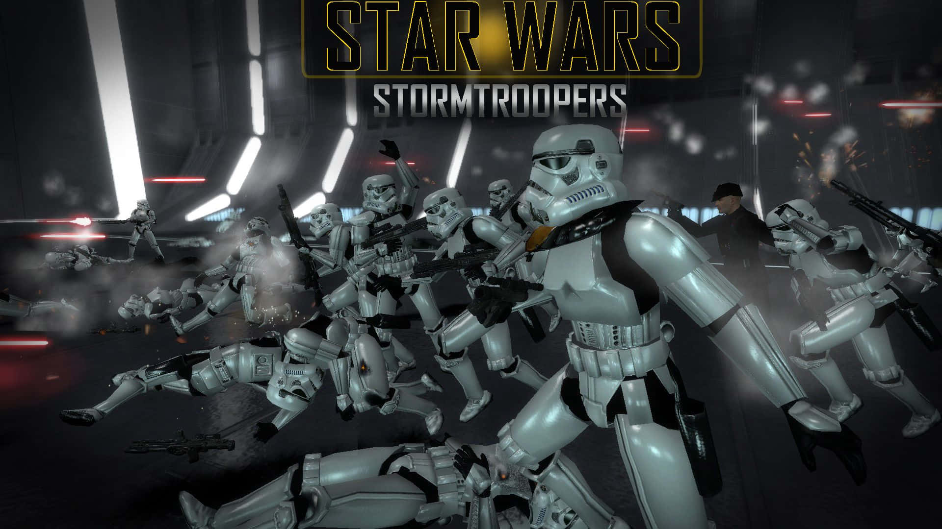 Imperial Army 桌布 壁紙 — 身穿白色盔甲的星際大戰風暴兵在黑暗的未來主義走廊中，伴隨著發光的燈光和煙霧交戰。